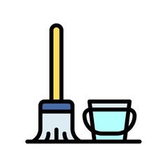 plumber icons related basket with brush and stick for cleaning vector with editable stroke,