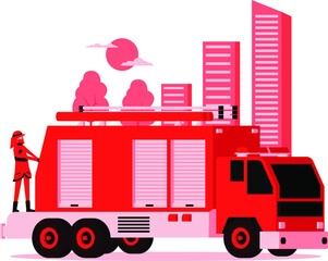 Illustration of firefighter truck and the firefighter on it