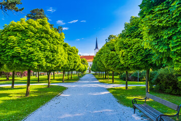 Church and city park in town of Koprivnica in Podravina region in Croatia
