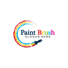 Abstract vector painting brush and colorful paint splash icon, emblem, logo design with color alternative and greyscale version. Editable EPS format design element, arts and crafts concept.
