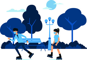 Masked man and woman are playing roller skare together at the park illustration