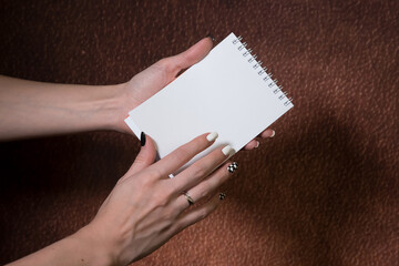Woman’s hand holding white rectangle notepad, brown background, mock-up, empty space.