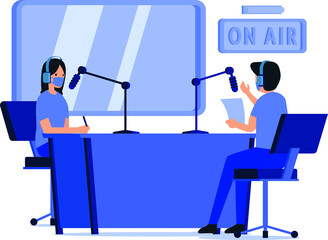 masked man and woman are doing radio broadcast together at the radio studio