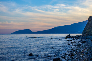 Beautiful sunset on the beach. Black Sea.