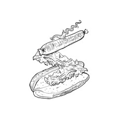 Tossed hotdog black and white sketch vector illustration