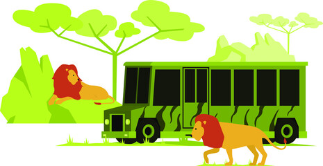 Illustration of safari bus moving around safari park side