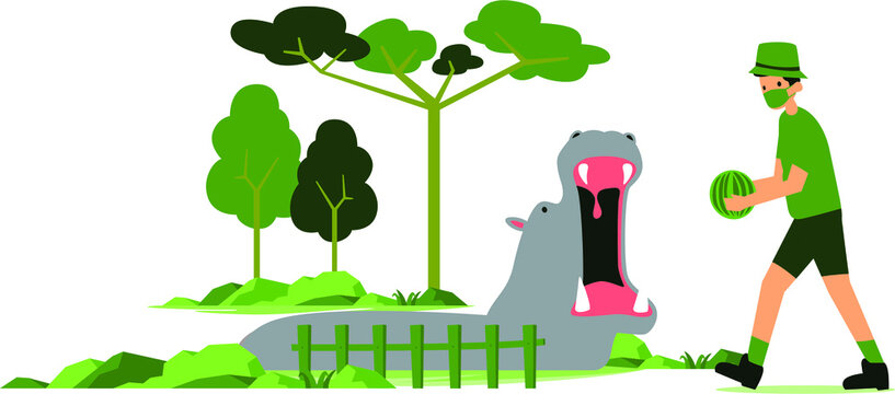 Masked zookeeper feeding the hippo at the zoo illustration