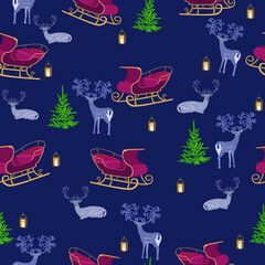 Santa's sleigh with reindeer, herringbone and lanterns on a dark blue background. Template for design print, fabric, wallpaper and box.