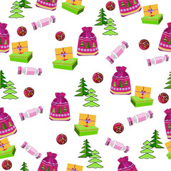 Christmas gifts, Christmas balls and decorative Christmas trees on a white background. Textile composition, template for design print, fabric, wallpaper and box.