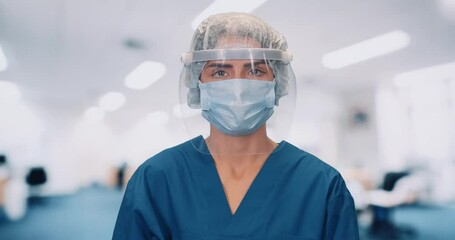Portrait of young doctor female in protective gear and medical mask, woman serious look at the camera, protection from a virus.