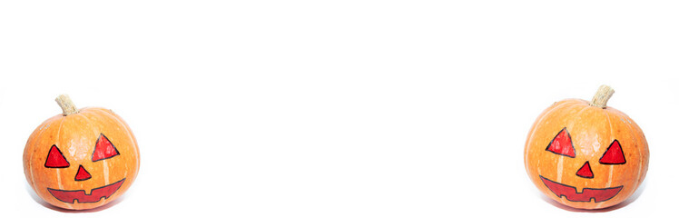 Halloween pumpkin banner . Article about Halloween. Pumpkin with a snout. Vegetable. Copy spase