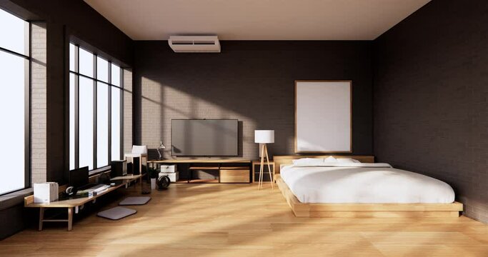 The Modern loft Bedroom interior with Computer and office tool on desk. 3D rendering