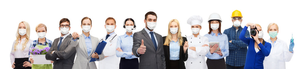 job, occupation and pandemic concept - people of different professions wearing face protective...