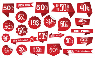 Collection of modern red sale stickers and tags