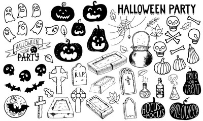 Halloween party set. Doodle Pumpkin gravestone headstone Celtic cross bat skull spider web cauldron of potion ghost. Hand drawn lettering with blood drops. Stock vector illustration isolated on white.