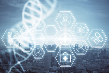 Double exposure of DNA drawing and cityscape background. Concept of education.