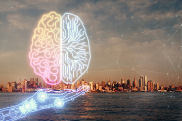 Brain hologram drawing on cityscape background multi exposure. Ai in modern city concept.