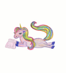 Obraz na płótnie Canvas Watercolor painting a cute Cartoon Rainbow unicorn read a book isolated on white