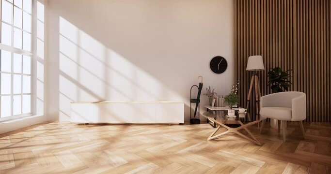 Cabinet and Armchair on room white wall, minimalist and zen interior.3d rendering