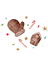 Christmas  composition of elements of gingerbread cookies in the form of a house, an angel, mittens,
 of ice cream, donuts, pie.
Pattern.