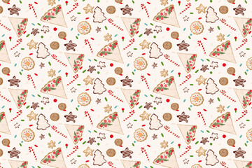 Christmas  composition of elements of gingerbread cookies in the form of a house, an angel, mittens,
 of ice cream, donuts, pie.
Pattern.