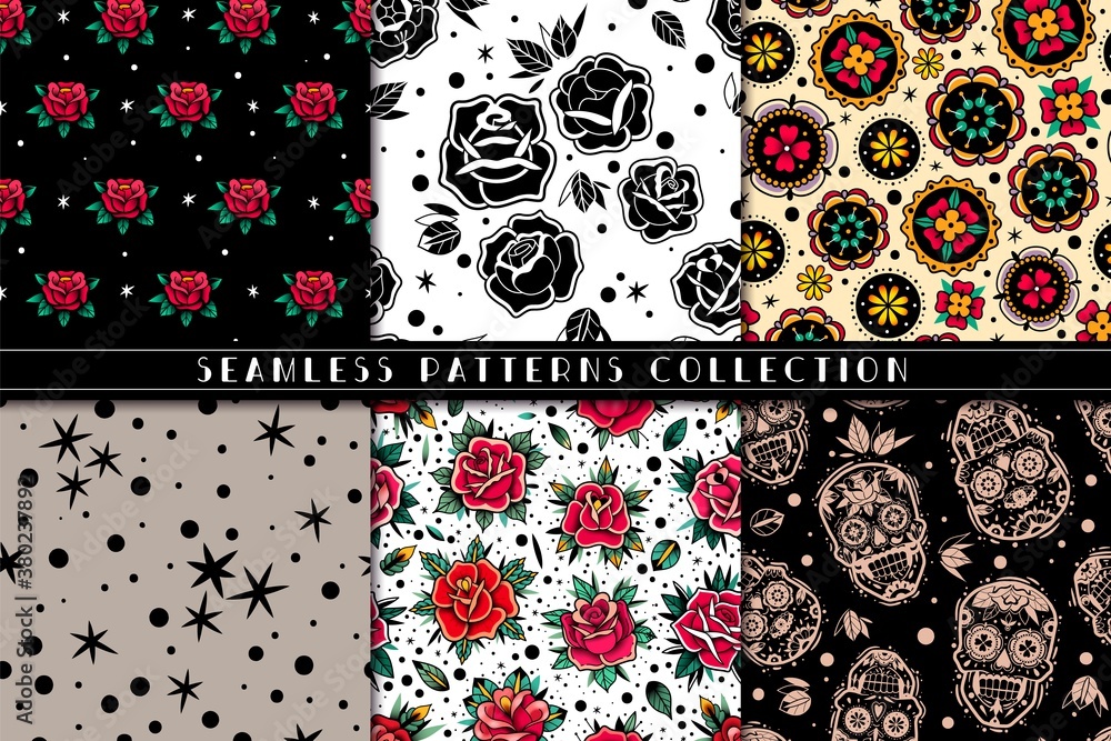 Wall mural old school tattoo roses seamless patterns set