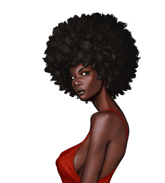 Beautiful black woman young with afro hairstyle in a red dress with large breasts. Illustration of a raster raster art realistic 3D rendering.