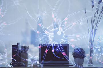 Desktop computer background and neuron drawing. Double exposure. Education concept.