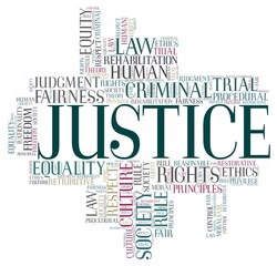 Justice vector illustration word cloud isolated on a white background.