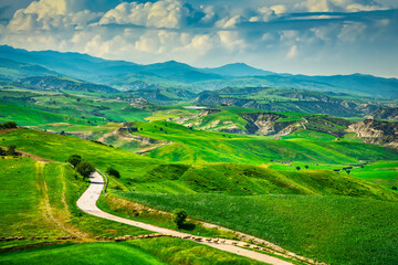 Basilicata countryside landscape and flock of sheep crossing the road. Craco, Matera, Italy