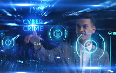 Fototapeta na wymiar Business, Technology, Internet and network concept. Young businessman working on a virtual screen of the future and sees the inscription: Cyber crime