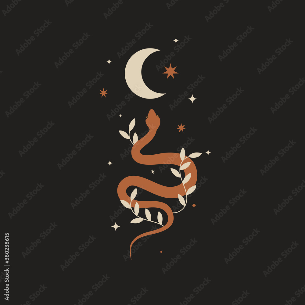 Poster mystical composition with a wriggling snake, crescent moon, stars on a dark background. boho style a