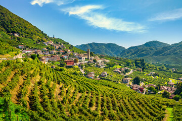 Prosecco Hills, vineyards and Santo Stefano village. Unesco Site. Valdobbiadene, Veneto, Italy