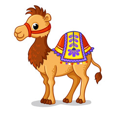 Cute camel stands in a cartoon style. Vector illustration with cute animals.