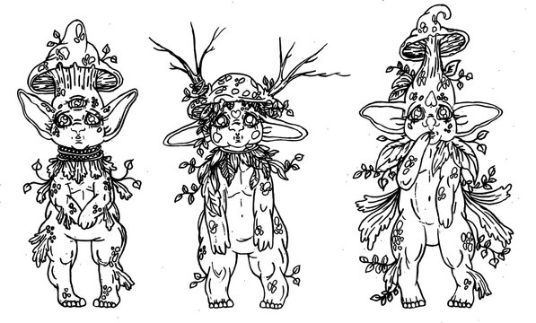 Set of cartoon characters, three fairytale creatures, cute forest mushrooms with big ears and eyes, chubby cheeks and short legs, with vegetation, leaves and branches, with plump belly and wings.