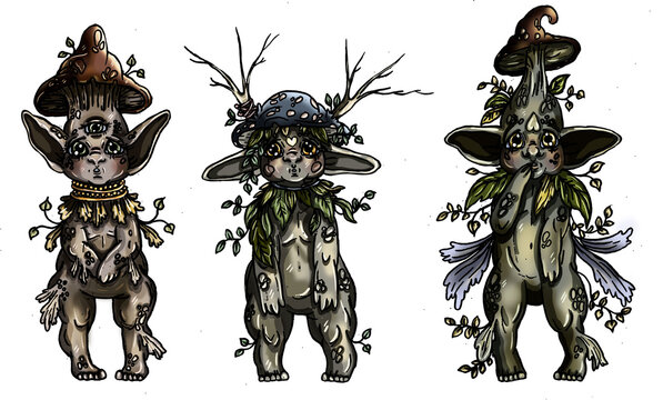 Set of cartoon characters, three fairytale creatures, cute forest mushrooms with big ears and eyes, chubby cheeks and short legs, with vegetation, leaves and branches, with plump belly and wings.
