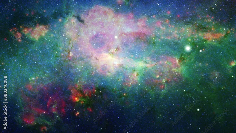 Poster 4k 3d rendering seamless loop traveling through star fields in milky way. deep blue pink purple abst