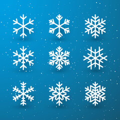 Naklejka na ściany i meble Snowflake winter set of white isolated icon silhouette on blue background. Vector illustration