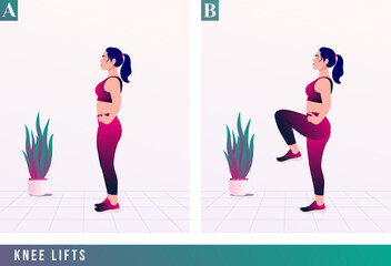 Fototapeta na wymiar Knee Lifts exercise, Women workout fitness, aerobic and exercises. Vector Illustration. 