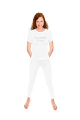 Fototapeta premium Slim brunette woman wearing white leggings and shirt, summer fun is written on her shirt, full length portrait isolated in front of white studio background