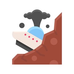 space or planet related space ship crash with mountain and smoke vector in flat style,