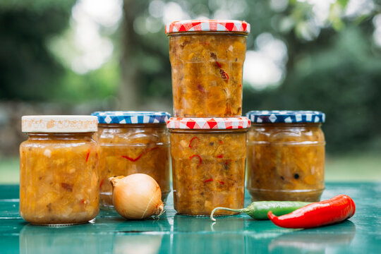 Food: Homemade spicy mirabelle, greengage plum chutney in jars
