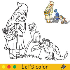 Halloween coloring with colored example little ghost
