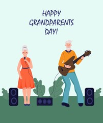 Happy Grandparents day greeting card. An elderly couple plays guitar and sings. Cheerful grandmother and grandfather cartoon characters. Day of the elderly. Flat vector illustration.