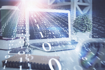 Multi exposure of desktop with personal computer and tech theme drawing. Concept of Bigdata.