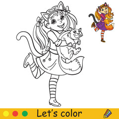 Halloween coloring with colored example lady cat
