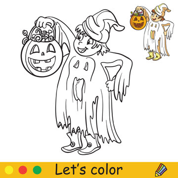 Halloween coloring with colored example cute ghost