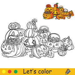 Halloween coloring with colored example many pumpkins