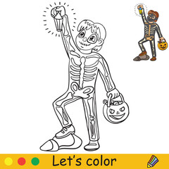 Halloween coloring with colored example cute skeleton
