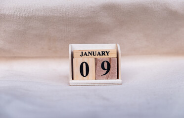 January 9th. Image of Jan 9 wooden color calendar on white canvas background. empty space for text